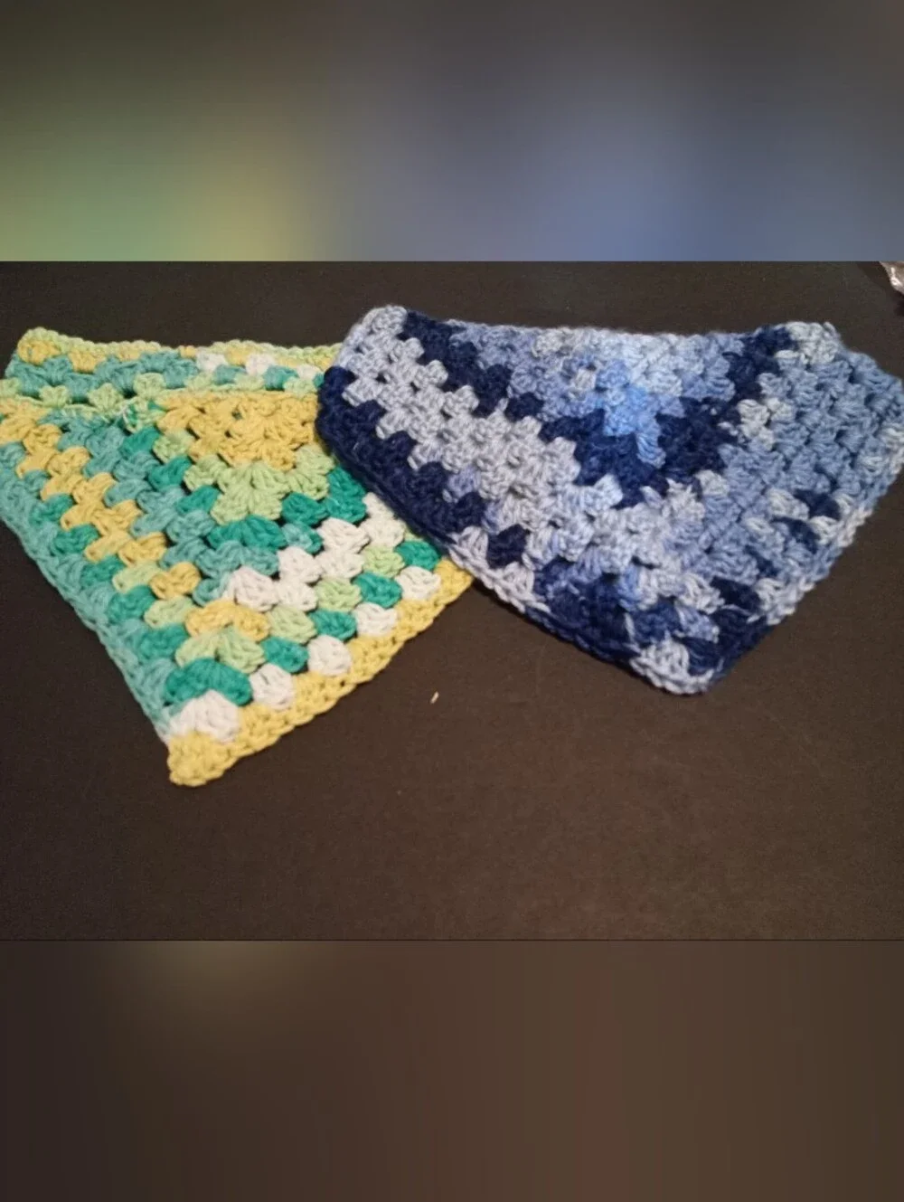 Handmade Crocheted Triangle Pet Scarves - Blue & Pastel Mix For Larger Pets